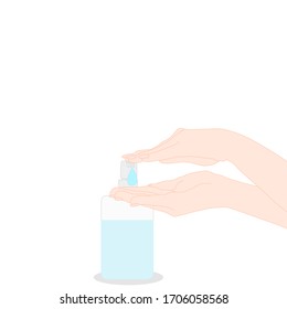 hand is pressing hand sanitizer pump bottle with drop. disinfectant method. personal hygiene. Avoid germs infection. Stop spreading contagious. Clean your hand. Medical or cosmetic advertisement.