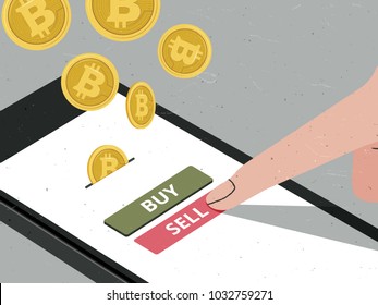 Hand pressing sell button to sell Bitcoin in mobile app, trading bitcoin