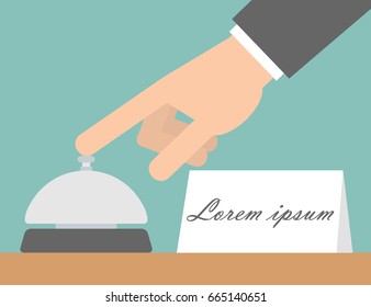 Hand pressing the service bell button on a desk concept. Vector illustration in flat style