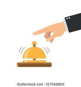 Hand pressing service bell. Receptionist concept. Hotel service bell isolated on white background. Vector stock