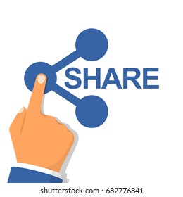 Hand pressing sharing button. Icon share. Vector illustration flat design. Isolated on white abstract background. Gesture of finger pressing share button. Social media concept. Click connection.