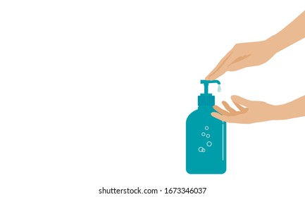 There’s a hand pressing a soap dispenser and another hand is waiting for a soap drop.  