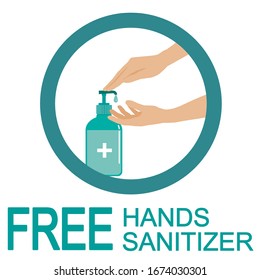 There’s A Hand Pressing A Soap Dispenser And Another Hand Is Waiting For A Soap Drop. Concept About Health, Hygiene, Hospitality, Medical, Disease, Viruses And Etc. Free Hands Sanitizer Sign.