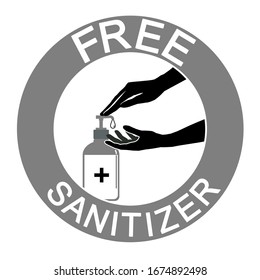 There’s A Hand Pressing A Soap Dispenser And Another Hand Is Waiting For A Soap Drop. Concept About Health, Hygiene, Hospitality, Medical, Disease, Viruses And Etc. Free Hands Sanitizer Sign.