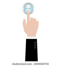 Botón de inicio pulsado a mano. Hacer clic de mano. Ilustración vectorial aislada sobre fondo blanco. 
