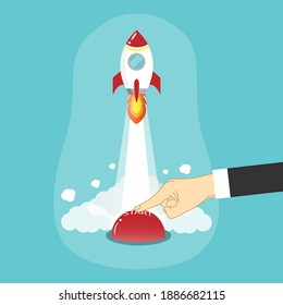 hand pressing start button to launch rocket to the air cartoon vector. start up business concept