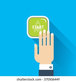 Hand pressing start button. Vector image isolated on blue background