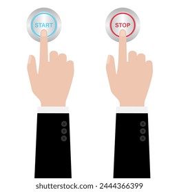Hand Pressing Start and Stop Button. Hand Click. Vector Illustration Isolated on White Background. 