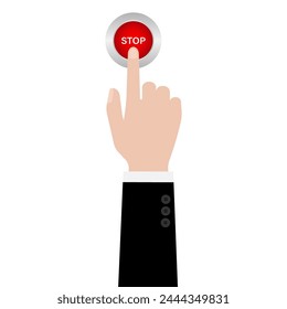 Hand Pressing Stop Button. Hand Click. Vector Illustration Isolated on White Background. 