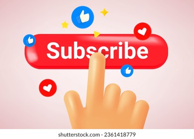 Hand pressing Subscribe button. Social media concept. 3d vector illustration