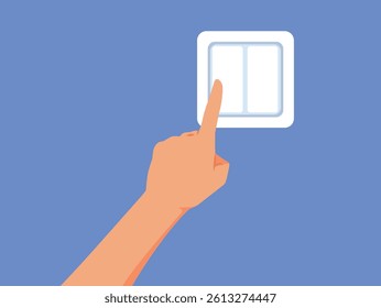 
Hand Pressing a Switch to Save Energy Vector Illustration. Person caring about saving the environment saves electricity