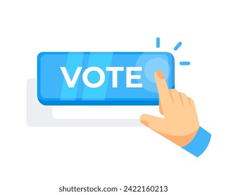 Hand pressing a VOTE button, symbolizing participation in online voting or surveys