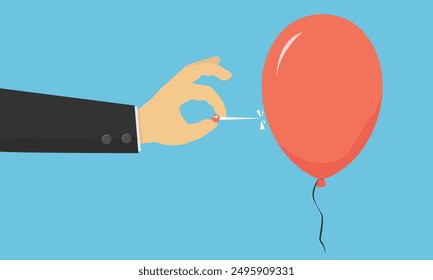 Hand pricking red balloon with a needle. Hand pushing a pin to pop the ballon. Vector illustration in cartoon style