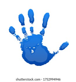 Hand print 3D isolated on white background. Blue paint human hands. Silhouette of child, kid, young people handprint. Stamp fingers and palm shape. Abstract design. Grunge texture Vector illustration