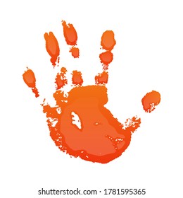 Hand print 3D isolated white background. Orange paint human hands. Silhouette of child, kid, young people handprint. Stamp fingers and palm shape. Abstract design. Grunge texture Vector illustration