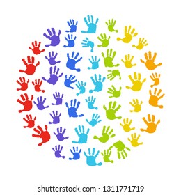 Hand print background. Round on white background for business card, website, postcard, invitation. Hands, circle, handprint baby, baby palm, watercolor.