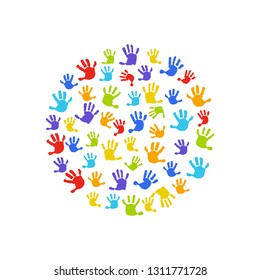 Hand print background. Round on white background for business card, website, postcard, invitation. Hands, circle, handprint baby, baby palm, watercolor.