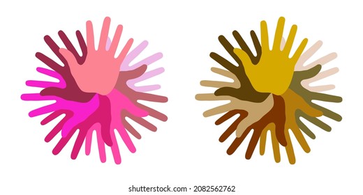 Hand Print circle icon set. Colorful bright design element. Handprint emblems. Hand round insignia. Vector logo 