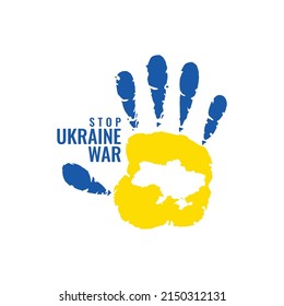Hand print flag theme design with stop Ukraine war text