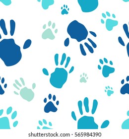 Hand print human and animal paw print seamless pattern. Vector illustration. Isolated on white background. Vector seamless