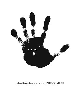 Hand print isolated on white background. Black paint human hands. Silhouette of child, kid, young people handprint. Stamp fingers and palm shape. Abstract design. Grunge texture Vector illustration