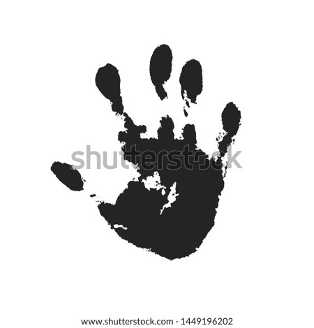 Hand print isolated on white background. Black paint human hands. Silhouette of child, kid, young people handprint. Stamp fingers and palm shape. Abstract design. Grunge texture Vector illustration