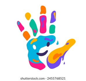 Hand print, multicolor paints with paint liquid drops and smile face vector illustration, isolated on white background.