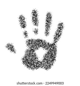 Hand print of noise stipple dots. Dotted handprint pattern background. Sand grain effect. Grain hand print silhouette. Black dot grunge forbidden banner. Stop or No access palm imprint. Vector