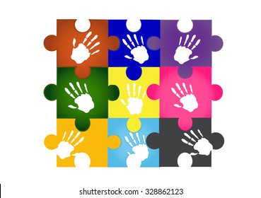 hand print on jigsaw backgrounds,colorful,vector illustrations