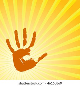 Hand print on a solar background. Vector illustration