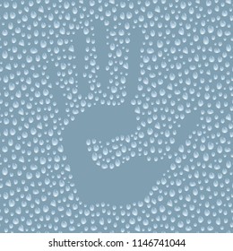 Hand print on steamy surface, hand silhouette stamp on water drops, vector