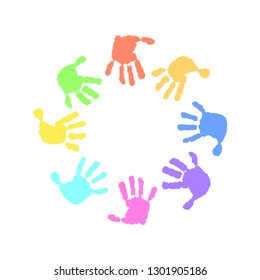 Hand print. Round frame on a white background. Children's hands, circle,  kid handprint, baby palms, watercolor.