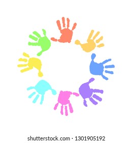 Hand Print. Round Frame On A White Background. Children's Hands, Circle,  Kid Handprint, Baby Palms, Watercolor.