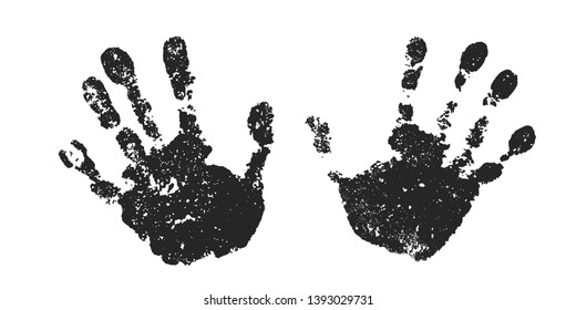 Hand print set isolated on white background. Black paint human hands. Silhouette child, kid, young people handprint. Stamp fingers and palm shape. Abstract design. Grunge texture Vector illustration
