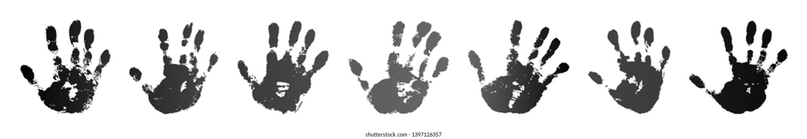 Handdrucksatz einzeln auf weißem Hintergrund. Schwarze malen menschliche Hände. Silhouette Kind, Kind, junge Leute handdrucken. Stempeln Sie die Finger und die Form der Palme. Abstraktes Design. farbige Vektorgrafik