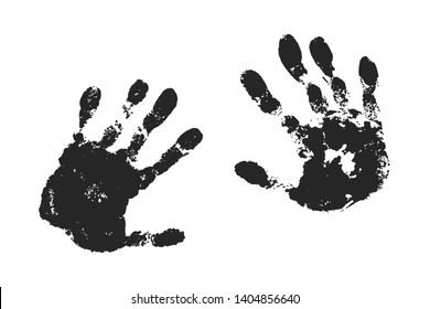 Hand print set isolated on white background. Black paint human hands. Silhouette child, kid, young people handprint. Stamp fingers and palm shape. Abstract design. Grunge texture Vector illustration