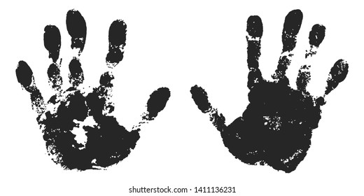 Hand print set isolated on white background. Black paint human hands. Silhouette child, kid, young people handprint. Stamp fingers and palm shape. Abstract design. Grunge texture Vector illustration