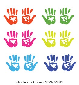 Hand print set isolated on white background. color paint human hands. Silhouette child, kid, young people handprint. Stamp fingers and palm shape. Abstract design.