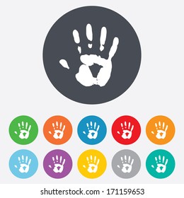 Hand print sign icon. Stop symbol. Round colourful 11 buttons. Vector