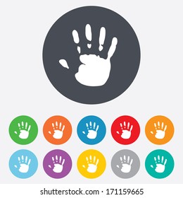 Hand Print Sign Icon. Stop Symbol. Round Colourful 11 Buttons. Vector