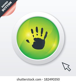 Hand print sign icon. Stop symbol. Green shiny button. Modern UI website button with mouse cursor pointer. Vector