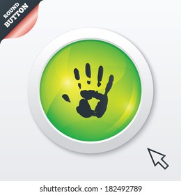 Hand print sign icon. Stop symbol. Green shiny button. Modern UI website button with mouse cursor pointer. Vector