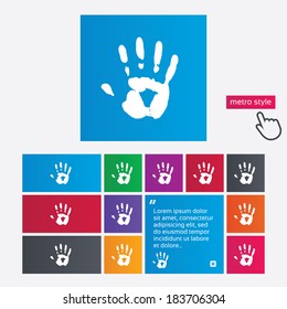 Hand print sign icon. Stop symbol. Metro style buttons. Modern interface website buttons with hand cursor pointer. Vector