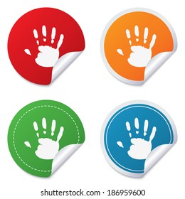 Hand print sign icon. Stop symbol. Round stickers. Circle labels with shadows. Curved corner. Vector