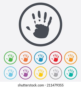 Hand Print Sign Icon. Stop Symbol. Round Circle Buttons With Frame. Vector