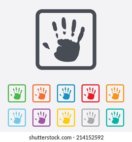 Hand print sign icon. Stop symbol. Round squares buttons with frame. Vector