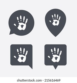 Hand print sign icon. Stop symbol. Map pointers information buttons. Speech bubbles with icons. Vector