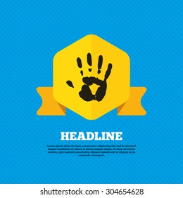 Hand print sign icon. Stop symbol. Yellow label tag. Circles seamless pattern on back. Vector