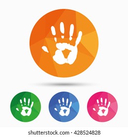 Hand print sign icon. Stop symbol. Triangular low poly button with flat icon. Vector