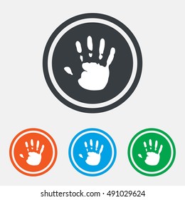 Hand print sign icon. Stop symbol. Graphic design web element. Flat hand print symbol on the round button. Vector